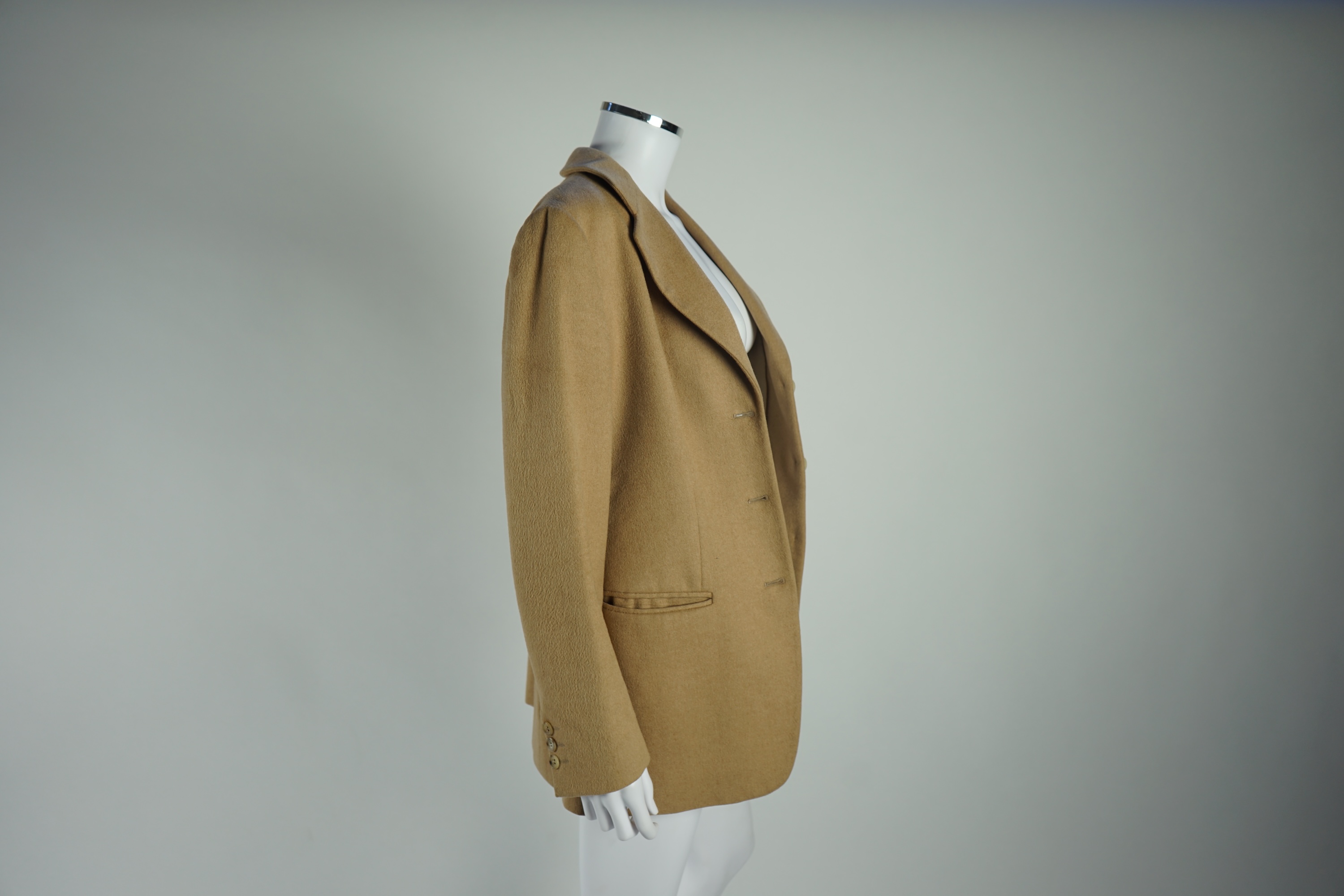 A Max Mara lady's brown pinstripe skirt suit and a Giorgio Armani camel cashmere? single breasted jacket, Suit Size 12 and jacket size EU 42